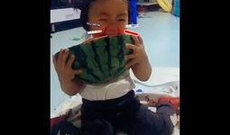 婴儿吃瓜的视频文案,萌态百出，甜蜜满满